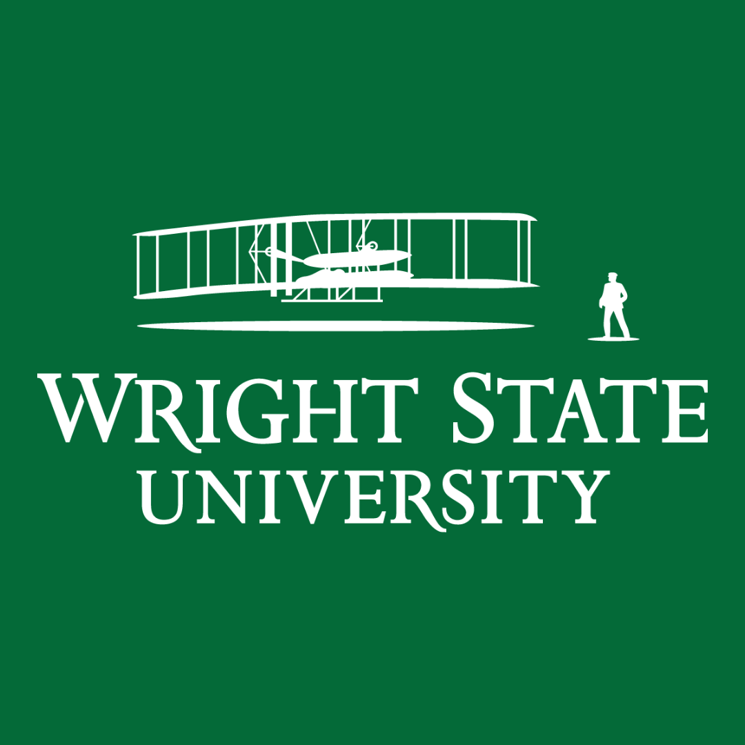 Green background with a white outline of the Wright Brothers' airplane and a man standing nearby, with the text 'Wright State University' in white.
