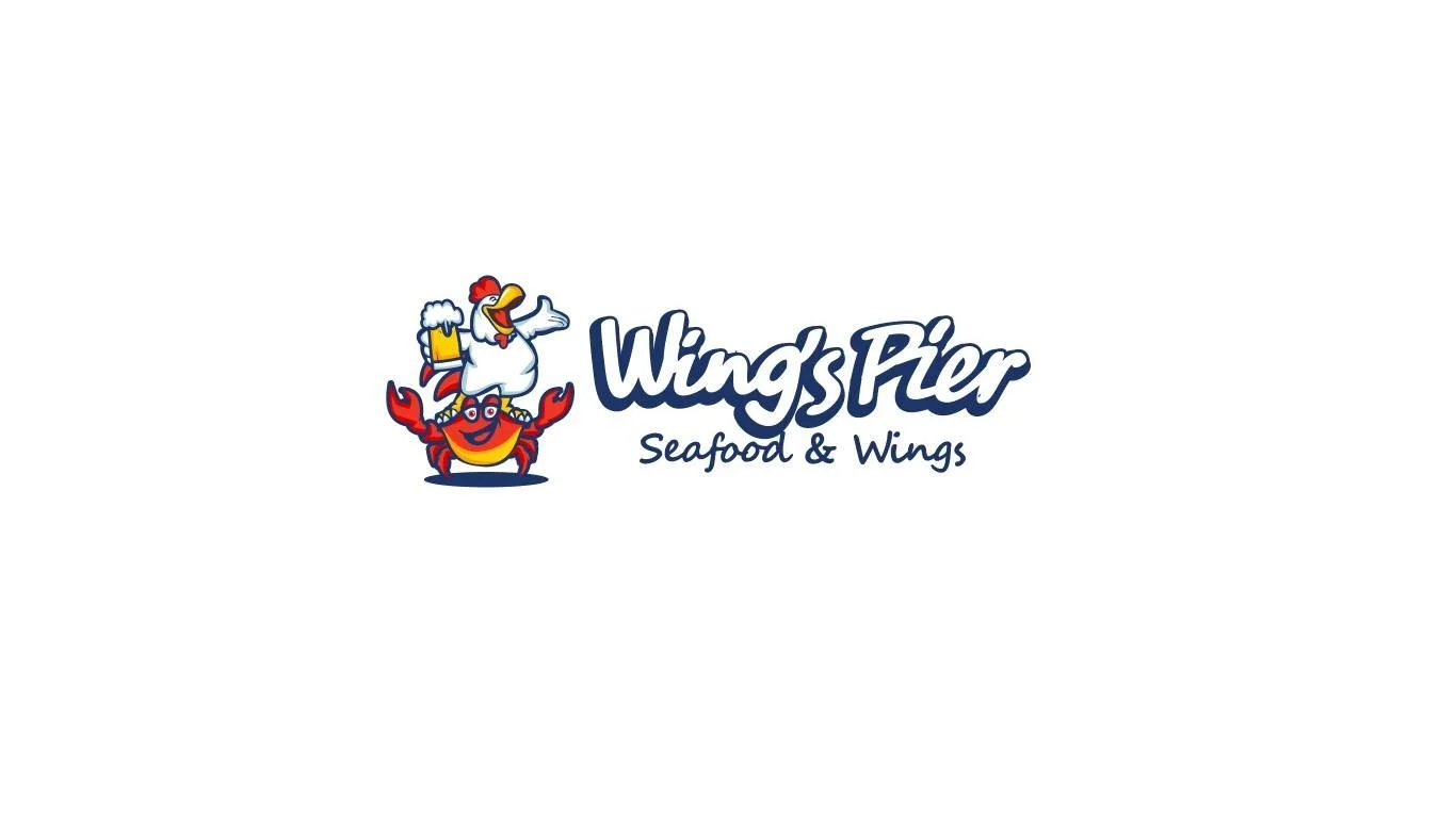 Logo for Wings Pier Seafood & Wings featuring a cartoon crab and a cartoon seagull holding a beer mug.