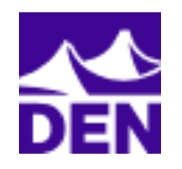 Logo with a purple background featuring two white mountain peaks and the word 'DEN' below.