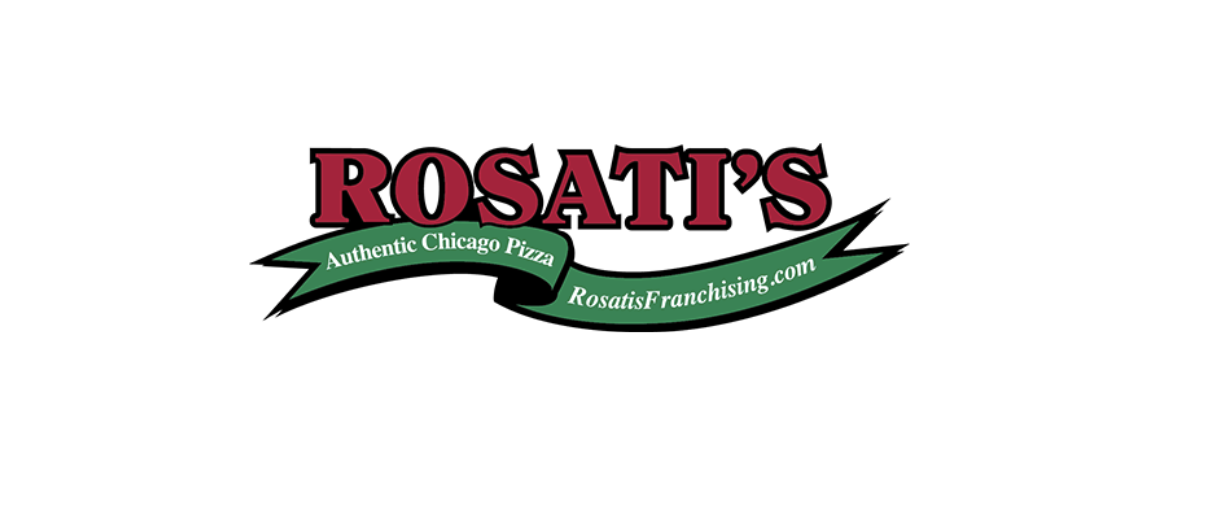 Logo for Rosati's, an authentic Chicago-style pizza restaurant, with the website RosatisFranchising.com written on a green banner.