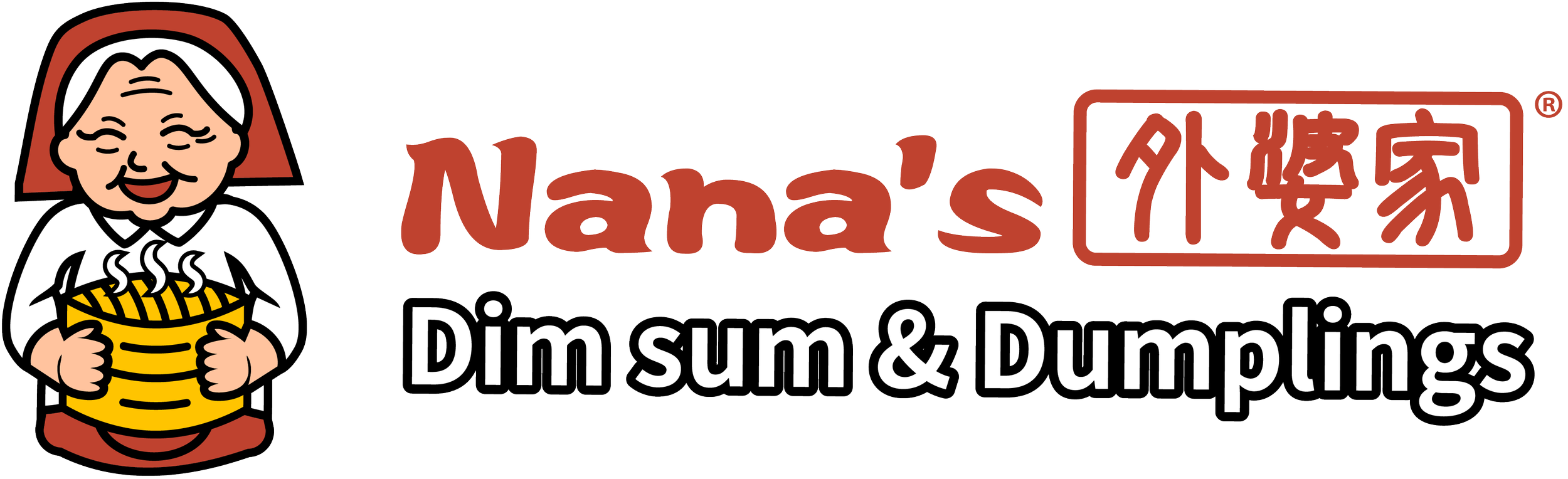 Logo for Nana's Dim Sum & Dumplings featuring a smiling Asian elderly woman holding a steaming bowl of dim sum.