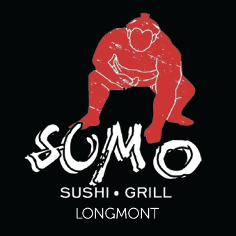 Logo for Sumo Sushi Grill Longmont featuring a cartoon sumo wrestler lifting a bowl.