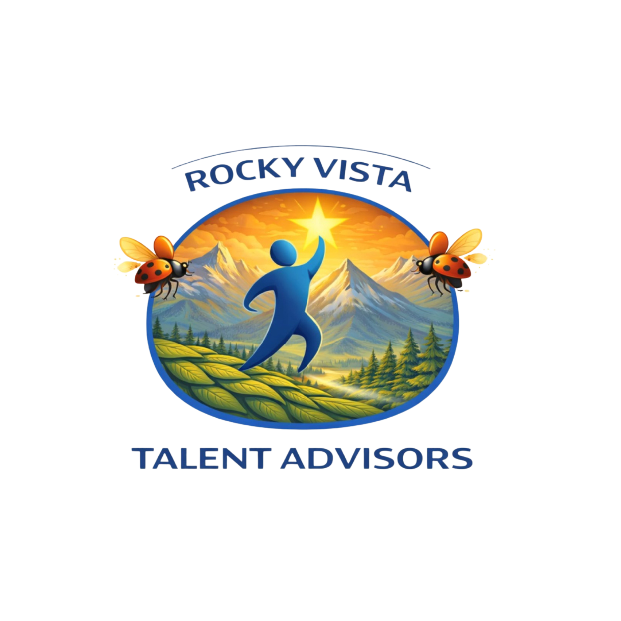 Logo for Talent Advisors, featuring a mountain landscape with a sunset, a blue stylized human figure reaching up, surrounded by ladybugs and wheat, with the text "ROCKY VISTA" above and "TALENT ADVISORS" below.