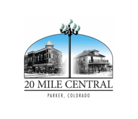 Logo for 20 Mile Central in Parker, Colorado, featuring black and white illustrations of two historic buildings connected by a streetlamp with a crescent moon design.
