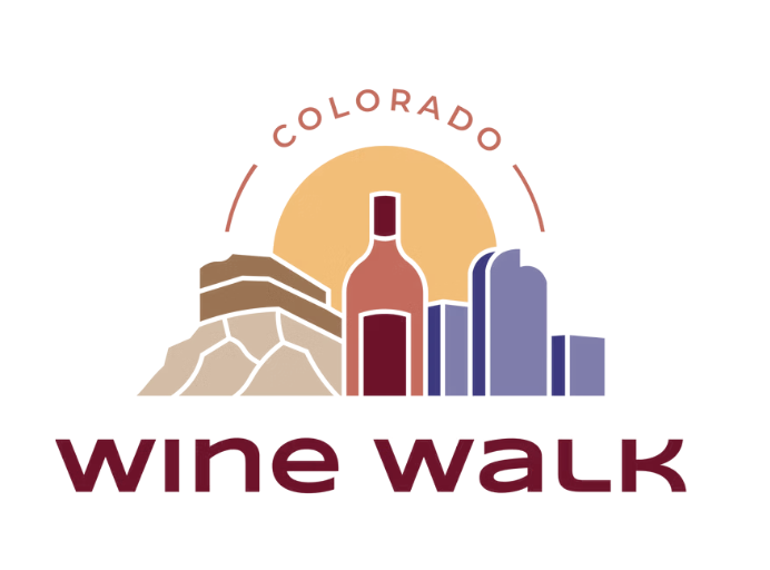 Logo for Colorado wine walk featuring a wine bottle, mountains, city skyline, and sun