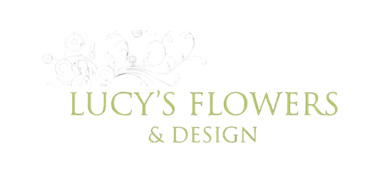 Logo for Lucy's Flowers & Design with a floral graphic above the text.