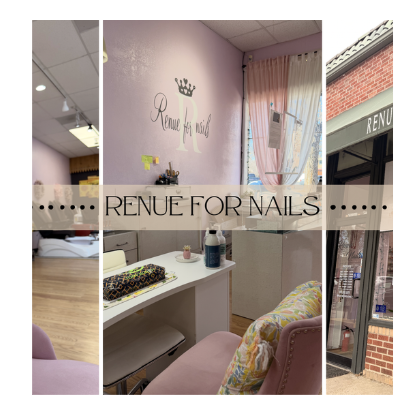 Interior of a nail salon with light purple walls, pink curtains, and a sign that reads "Renu for Nails". The salon has a manicure station, a chair with a cushion, and a view of the storefront outside.