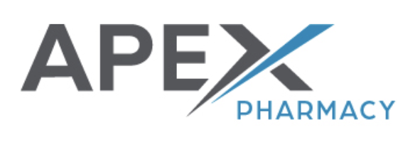 APEX Pharmacy logo with black, gray, and blue text and design elements.