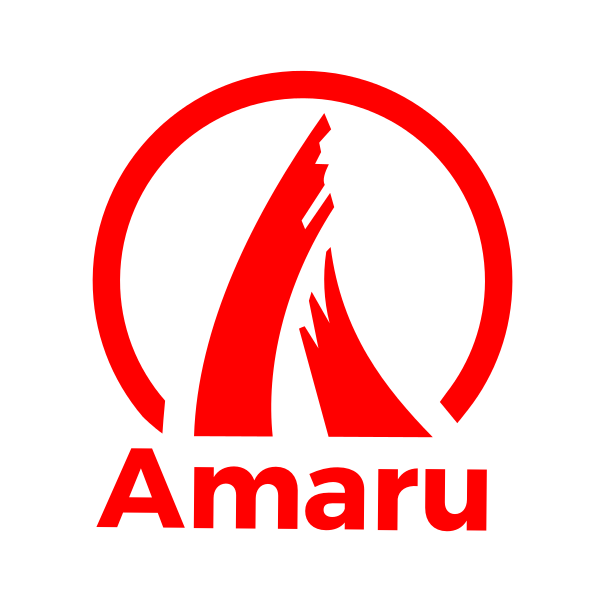 Red Amaru logo with stylized mountain design inside a circle.