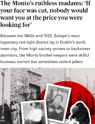 A black and white historical image with a red circular graphic overlay. The image features old photographs and a brick building background. Some people are visible, including a woman with a child and a person sitting or leaning.