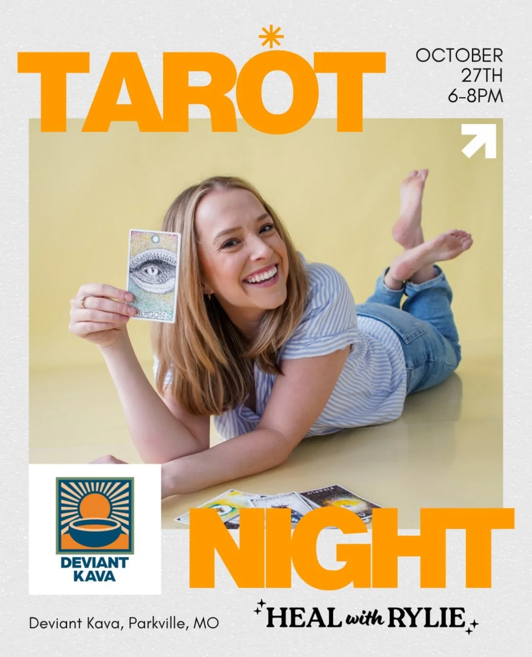Grab your best ghoul friends and come get a reading with @healwithrylie! 🔮👻✨

📆 Tuesday, October 27, 6&ndash;8 PM
📍 @deviantkava in Parkville, MO

🍵 Matcha, coffee, mocktails &amp; kava served just the way you like it.

🔮 Tarot &amp; oracle rea