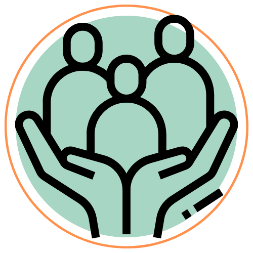 Small round icon created by CEB Consultants with a hand holding 3 people, to signify the ongoing support they will receive
