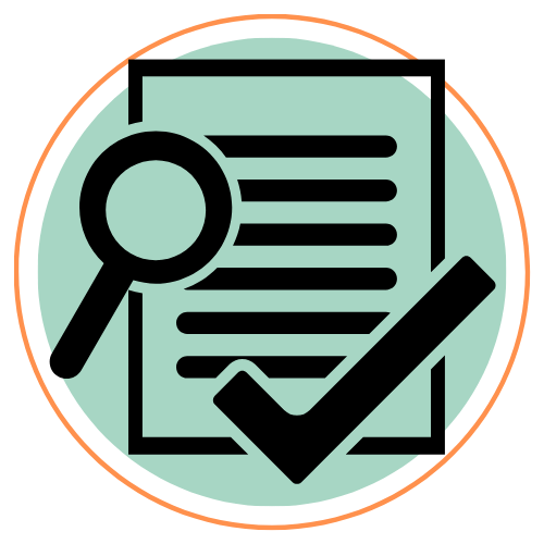 Small round icon created by CEB Consultants with paper, magnifying glass and tick to signify undertaking a review of their current electricity, gas and other utility goals.