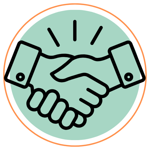 Small round icon created by CEB Consultants shaking hands, to signify signing contracts