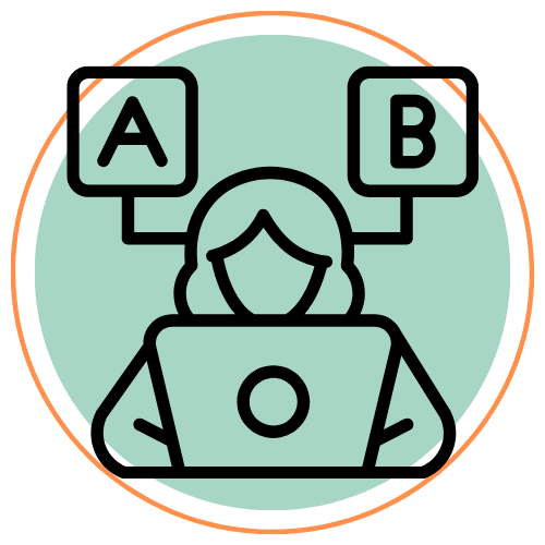 Small round icon created by CEB Consultants with a computer and two options A and B above, to signify having a choice to make between offers..