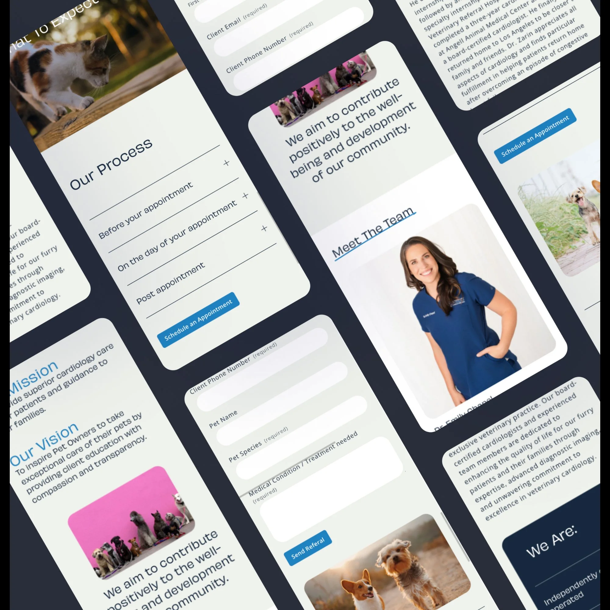 Collection of mobile screens displaying a veterinary clinic website with pet images, appointment scheduling forms, team introduction, mission and vision statements, and contact information.