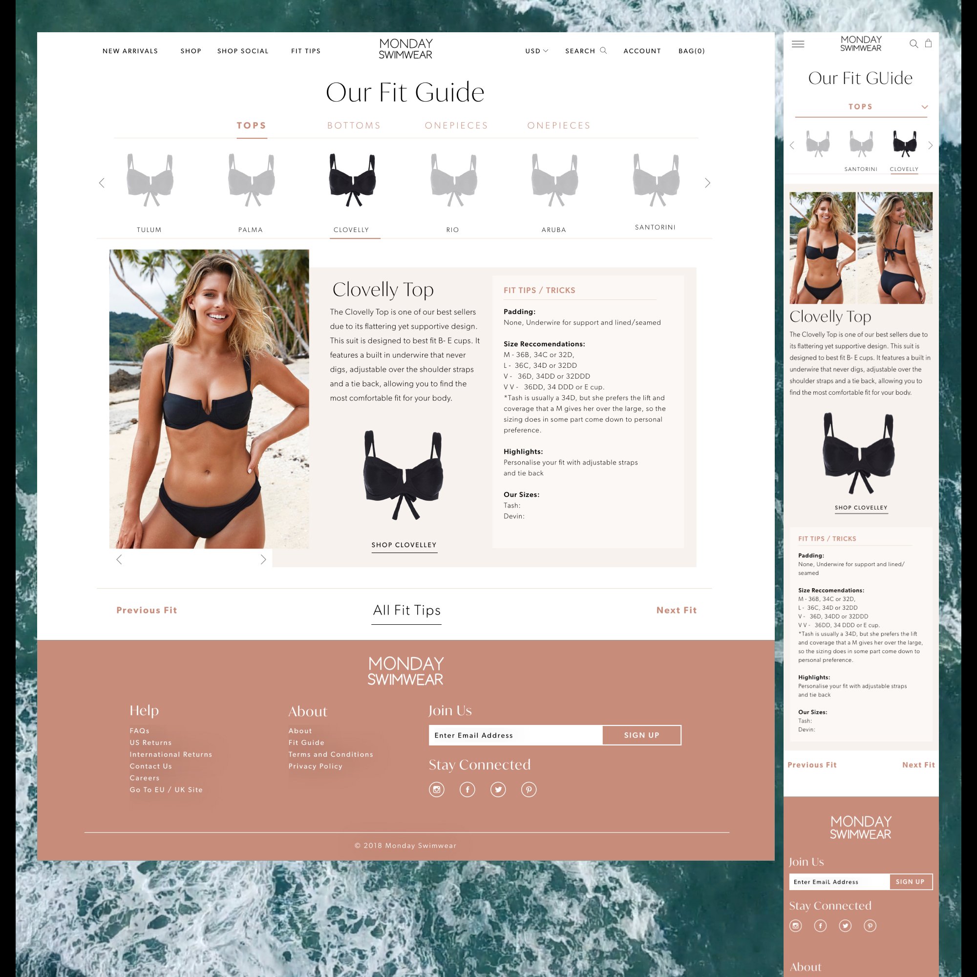 Screenshot of a website featuring swimwear, with the section titled 'Our Fit Guide' displaying a styled women in a swim top on the beach and a detailed description of the Clovelly Top, along with navigation options and social media links.