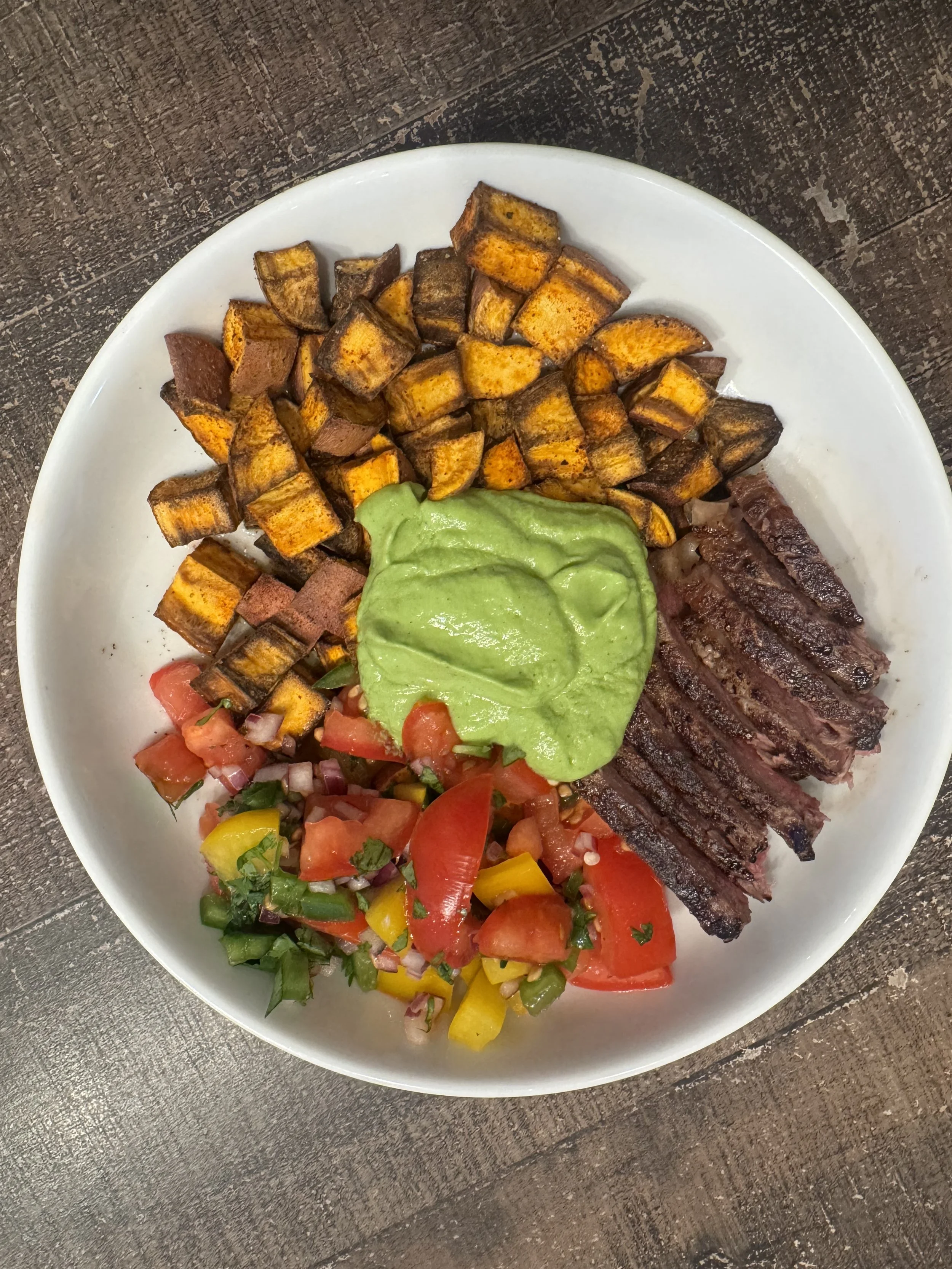 Sweet Potato Steak Bowls with Creamy Avocado Cilantro Sauce