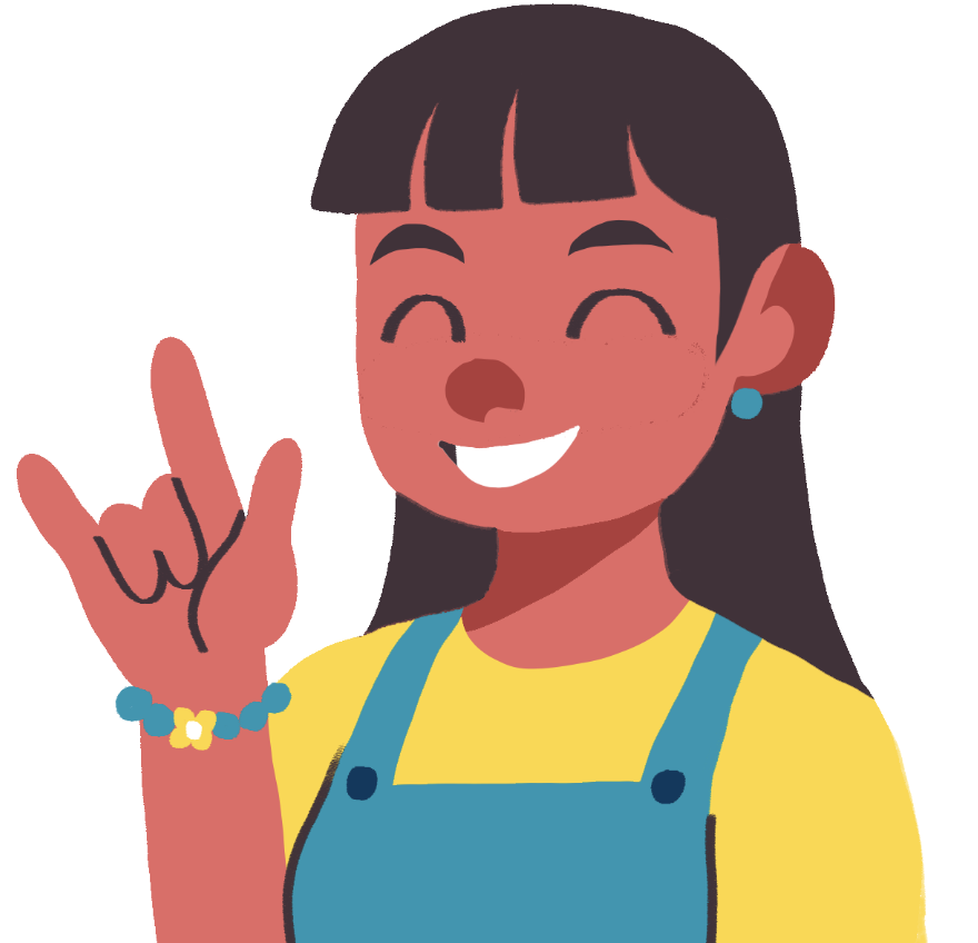 girl signing ILY handshape