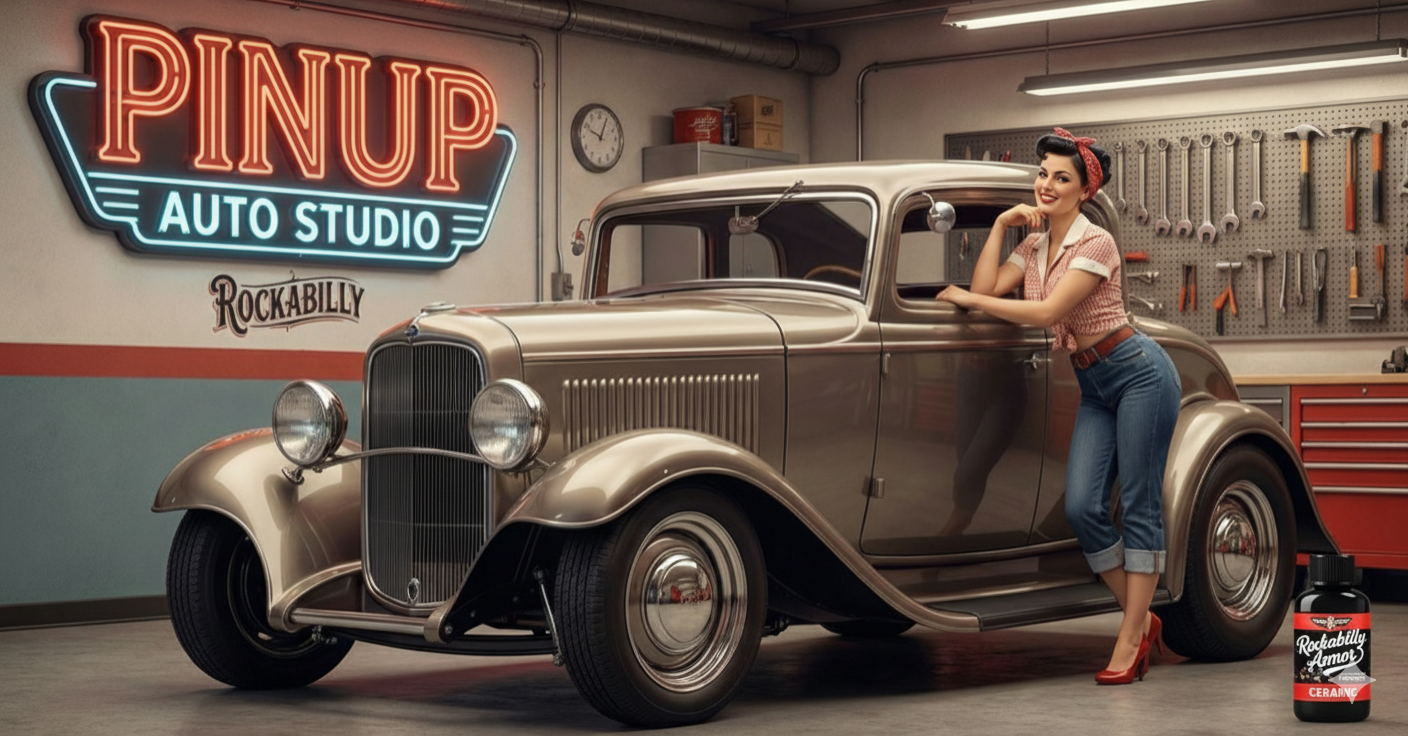 Rockabilly Armor Ceramic Coating package applied to classic car at pinup auto studio in Houston,texas