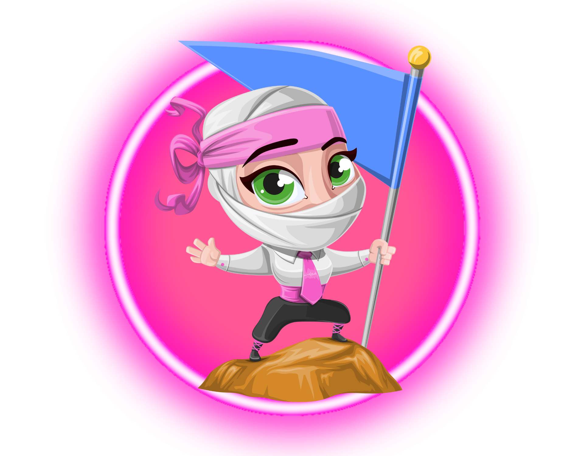 Cartoon ninja character with green eyes, pink bandana, and blue flag standing on rock, pink background circle.