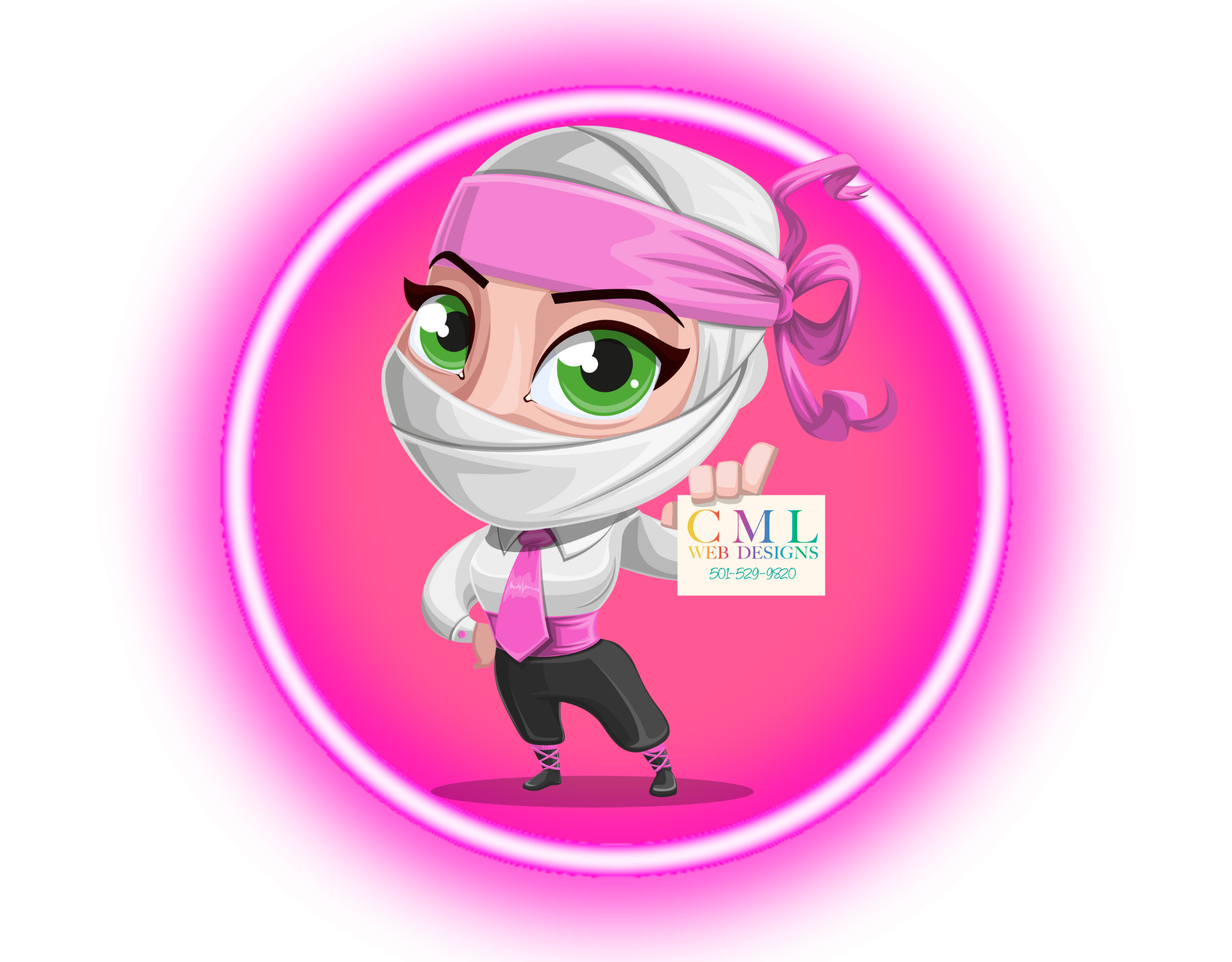 Cartoon ninja holding a card with 'CML Web Designs' and phone number on pink background.