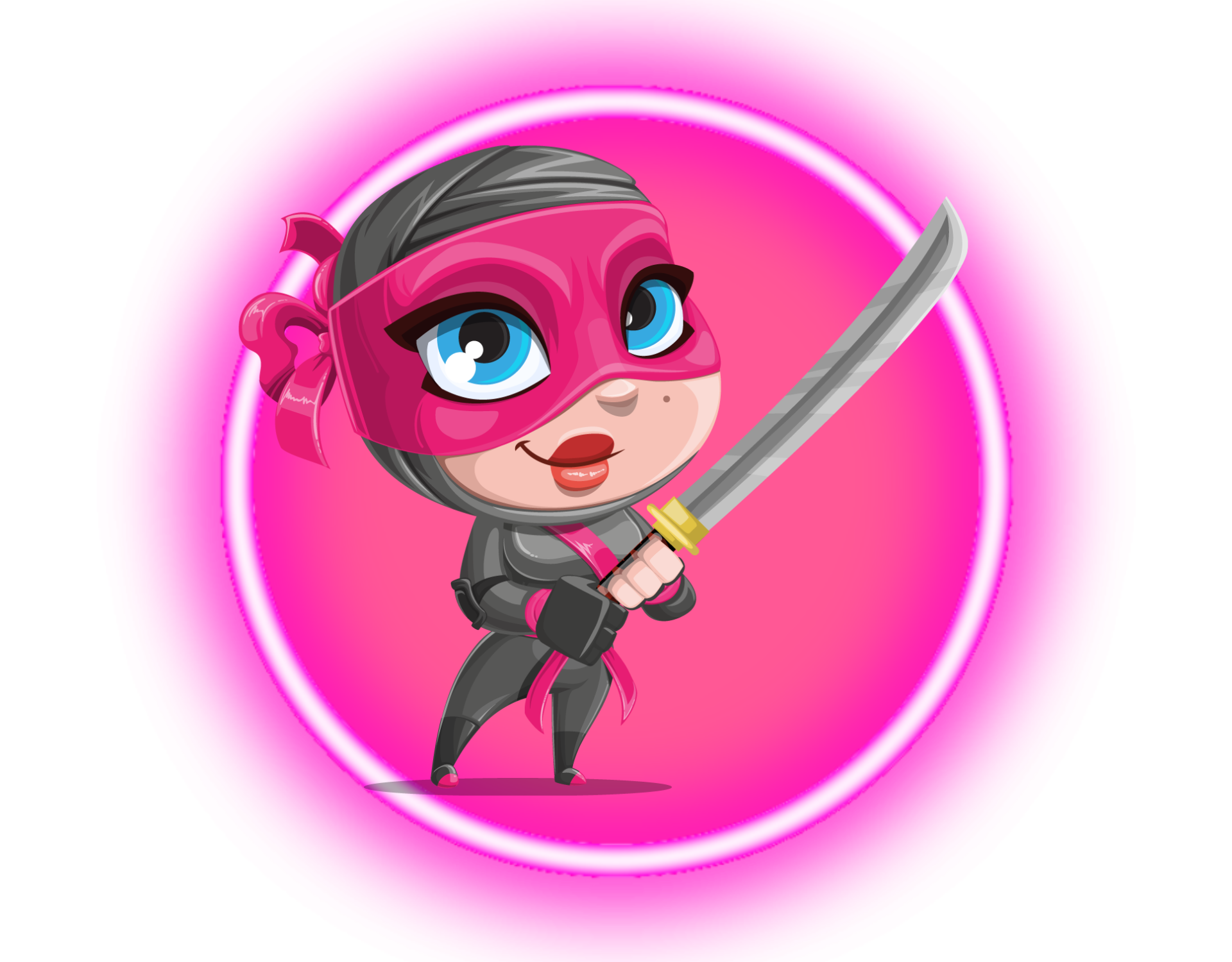 Cartoon ninja girl with pink mask and sword on pink background
