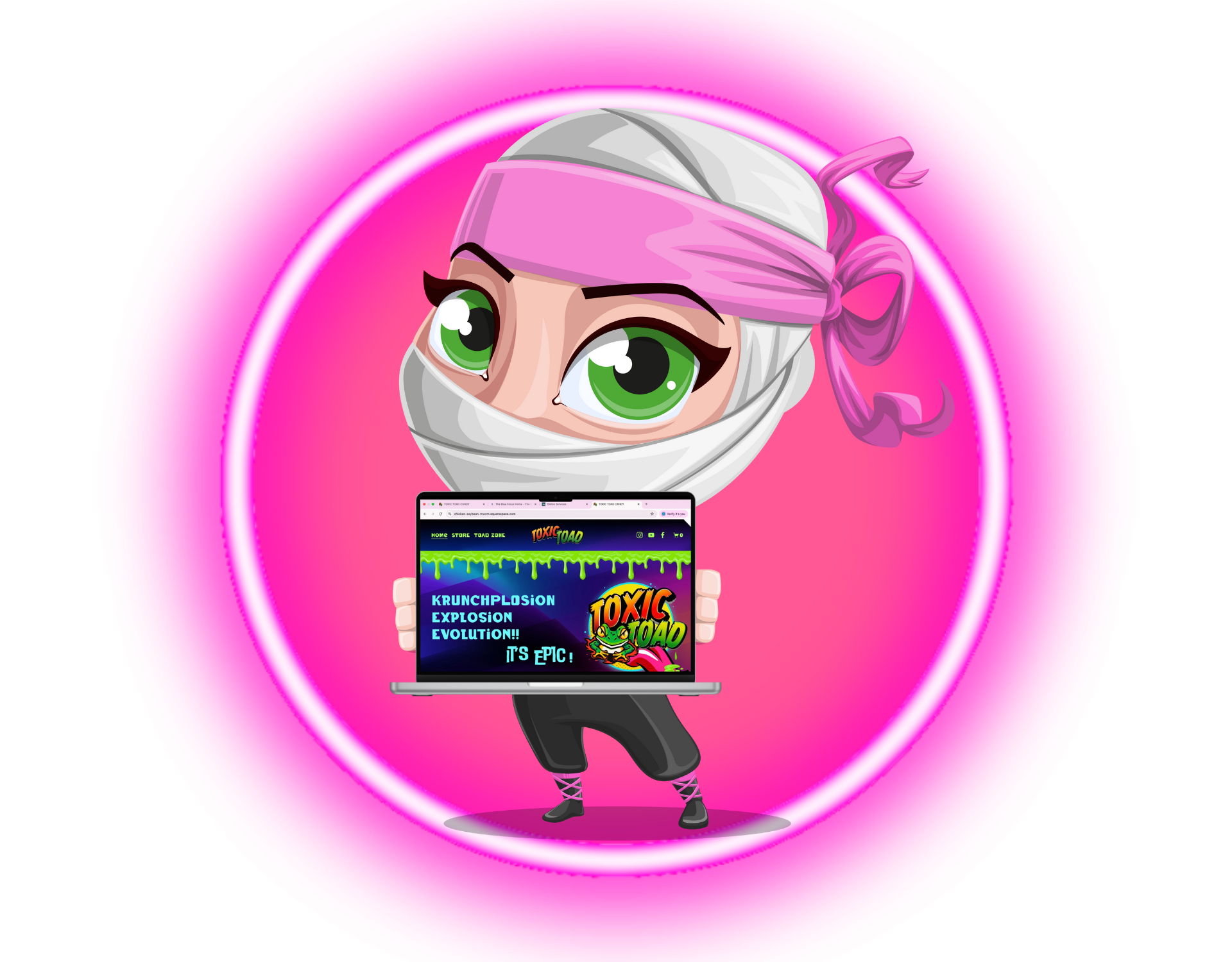 Cartoon ninja with pink headband and bright green eyes holding a laptop displaying a website with "Toxic Toad" graphics, surrounded by a vivid pink circular background.