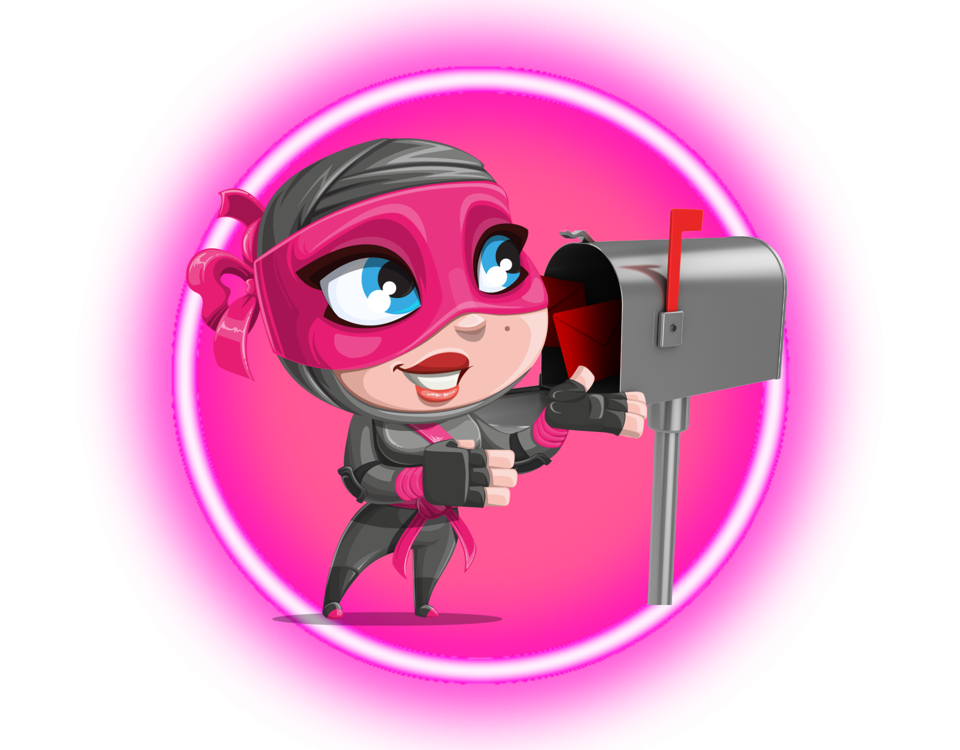 Cartoon superhero girl in pink costume checking mailbox