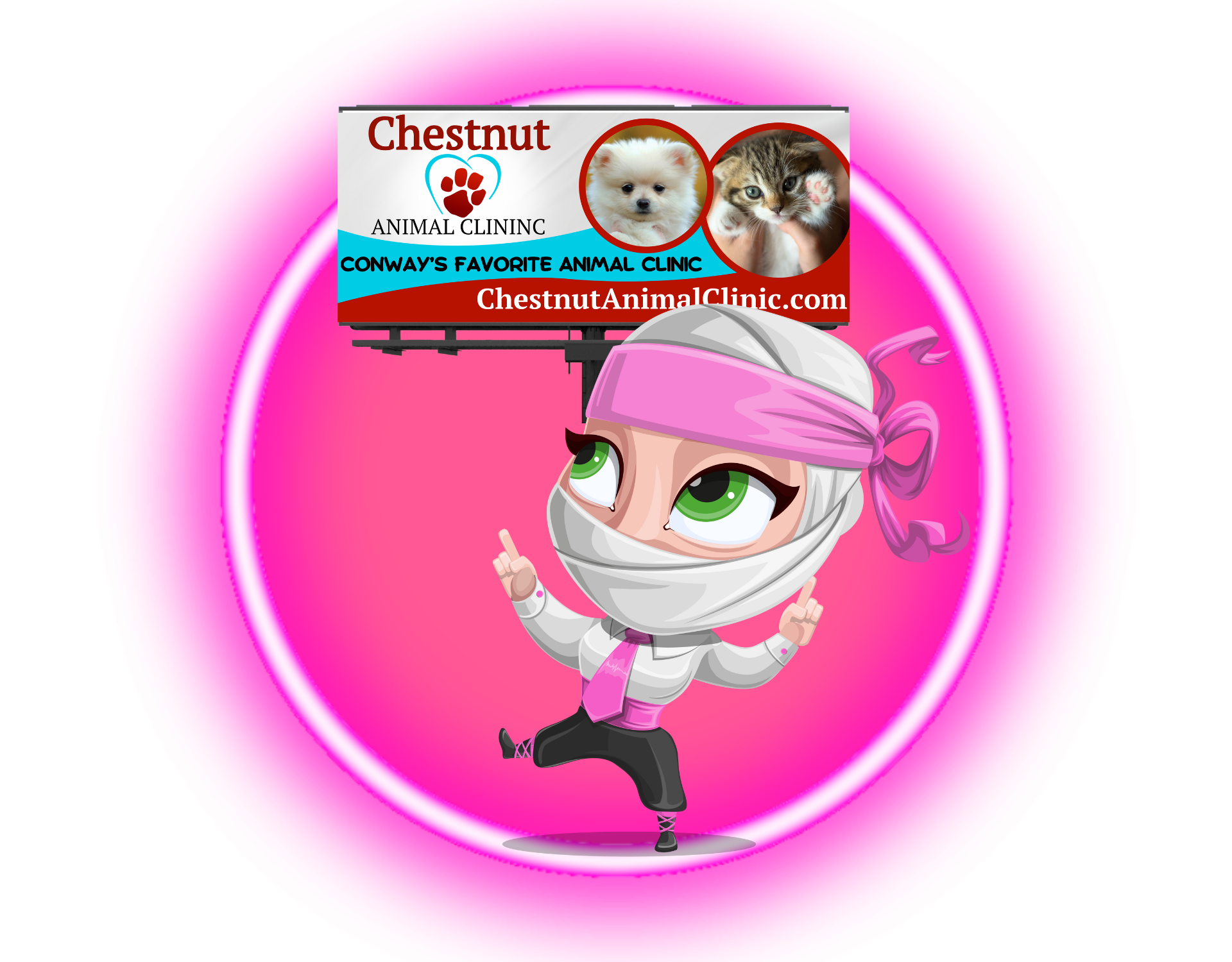 Illustration of a cartoon character in ninja attire pointing at a billboard promoting Chestnut Animal Clinic, featuring images of a puppy and a kitten with text "Conway's favorite animal clinic."