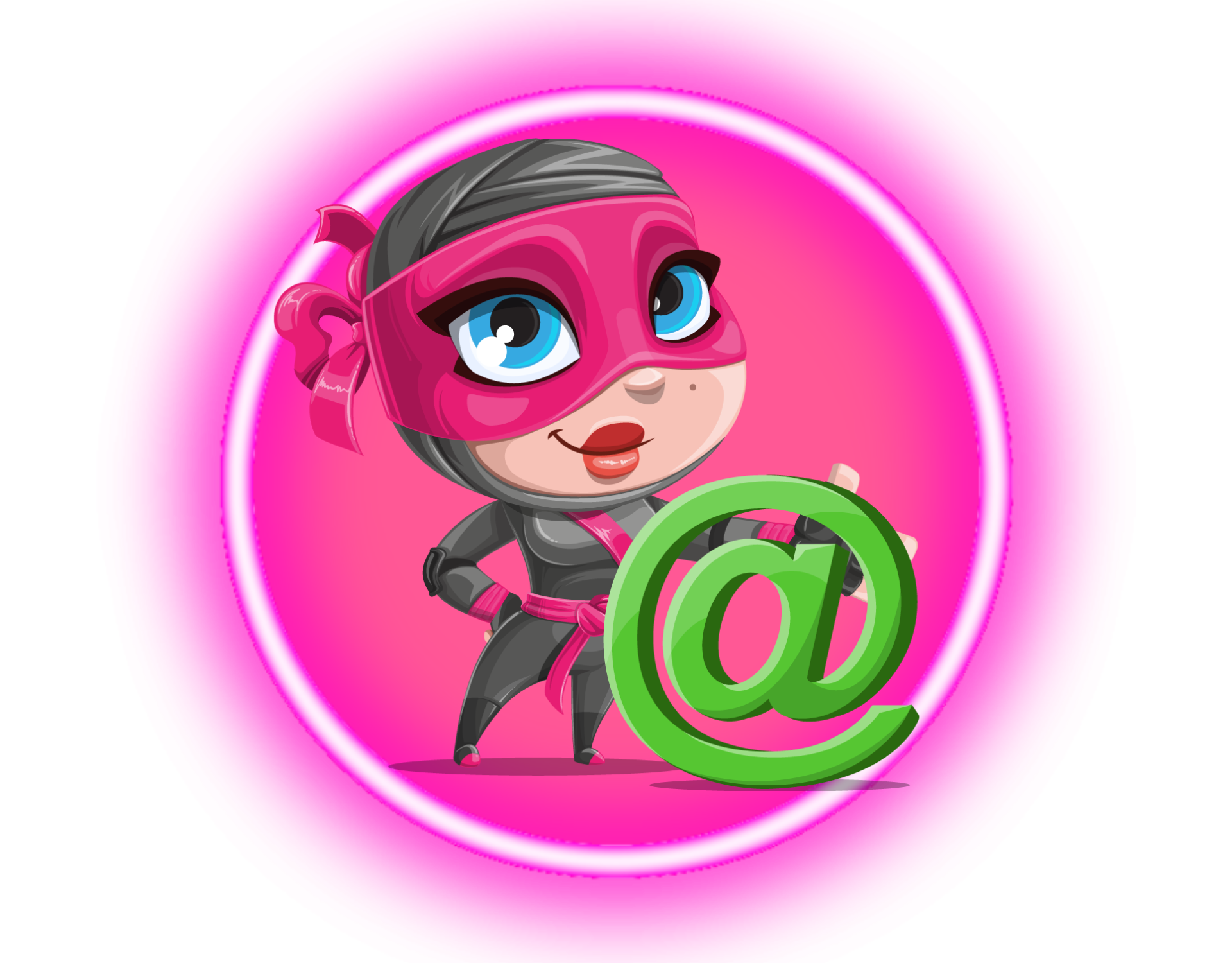 Cartoon character in pink costume holding a green @ symbol on pink background.