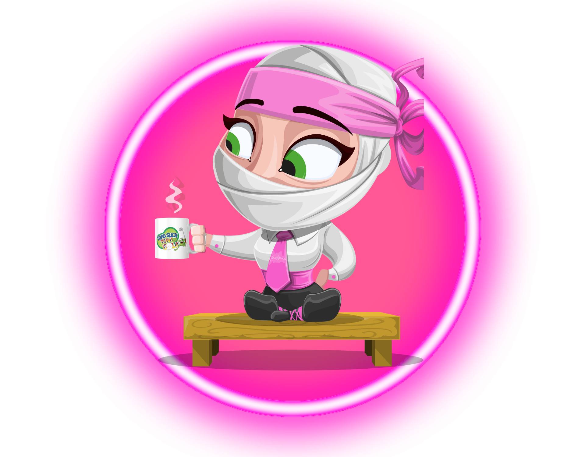 Cartoon ninja sitting on a bench, wearing a pink headband and tie, holding a mug with steam, on a pink circular background.