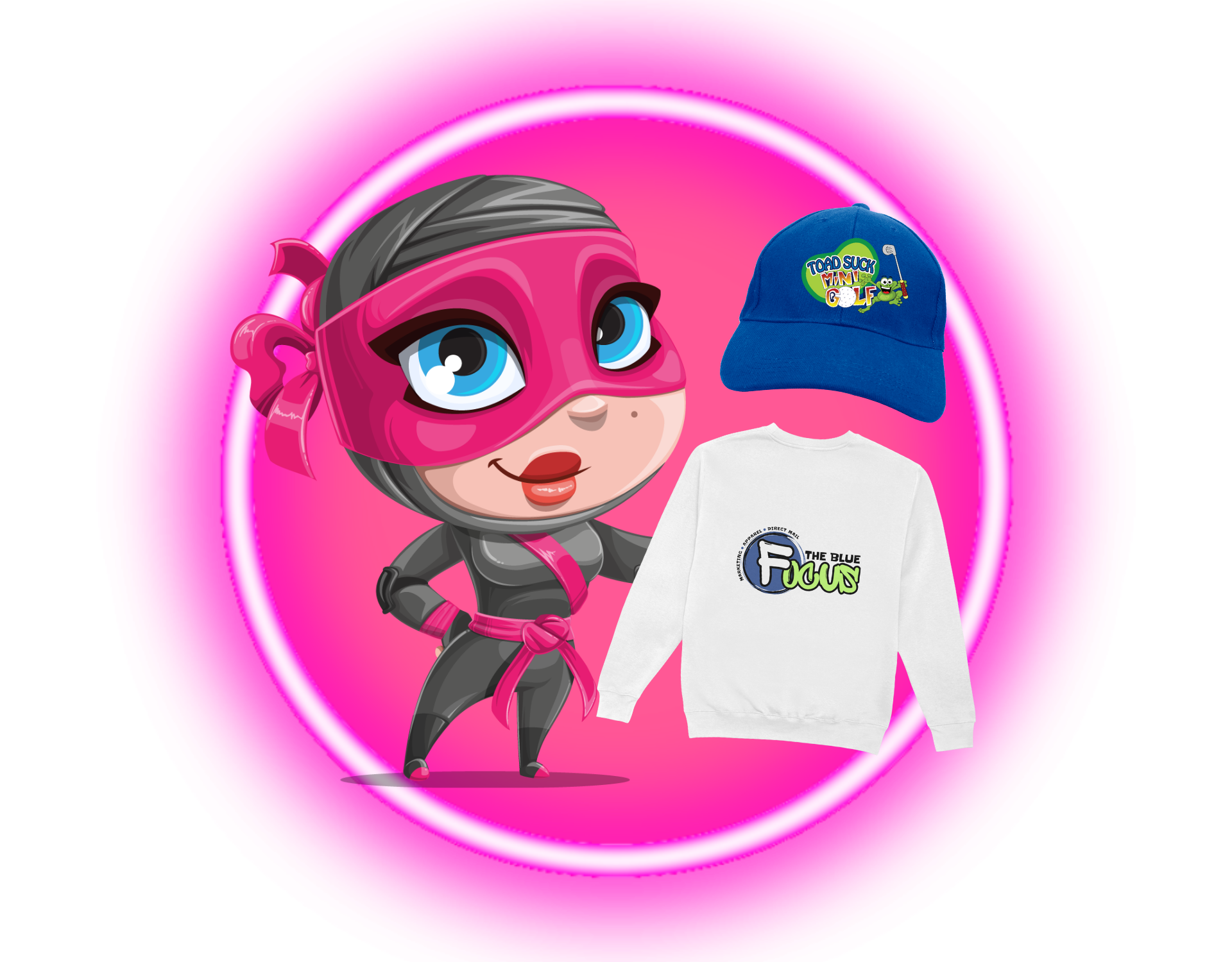 Cartoon superhero girl in pink and gray with a blue cap labeled "Tood Suck Mini Golf" and a white sweatshirt labeled "The Blue Focus" on a pink background.