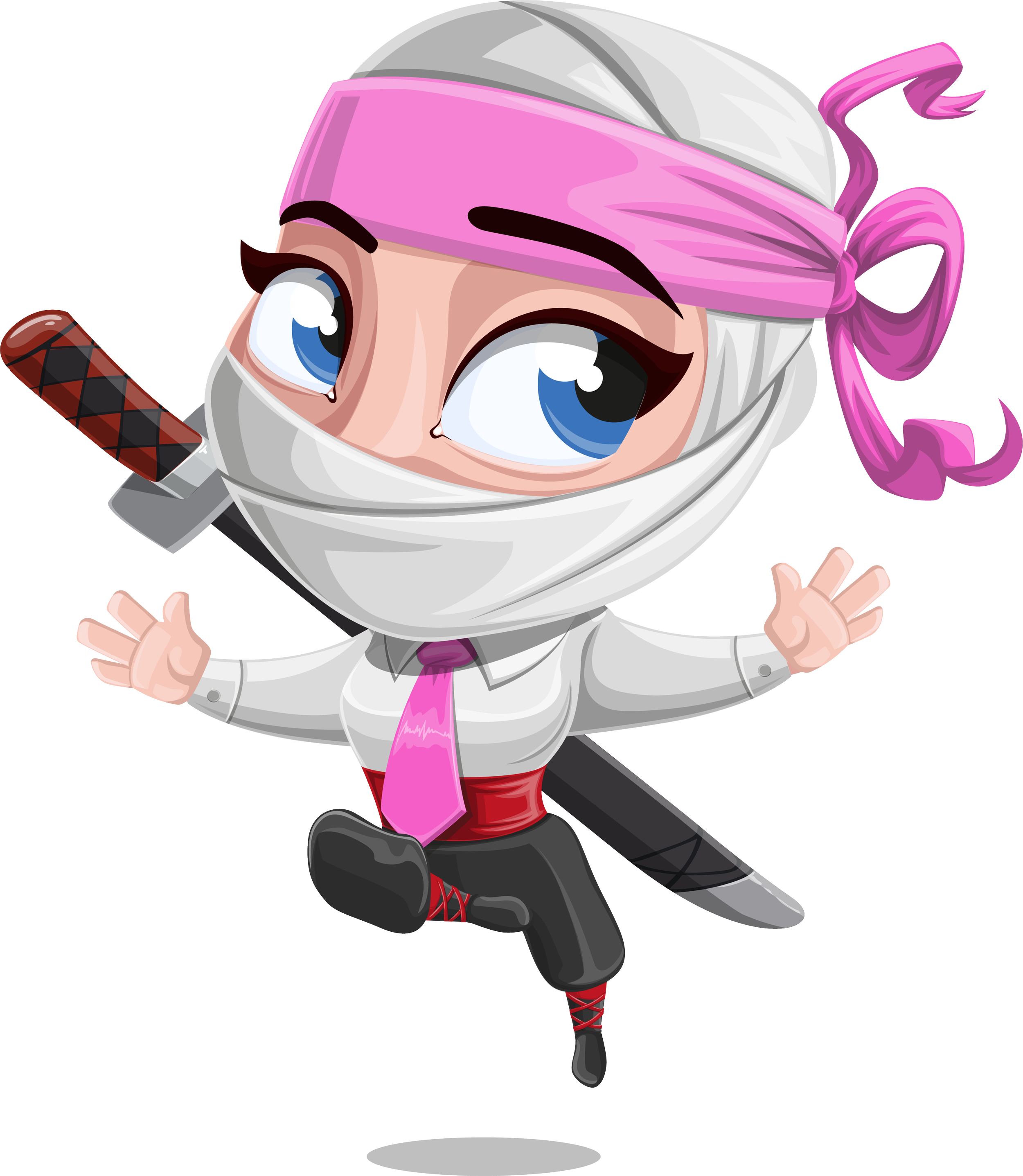 Cartoon ninja character in white attire with pink headband and tie, holding a knife, on a transparent background.