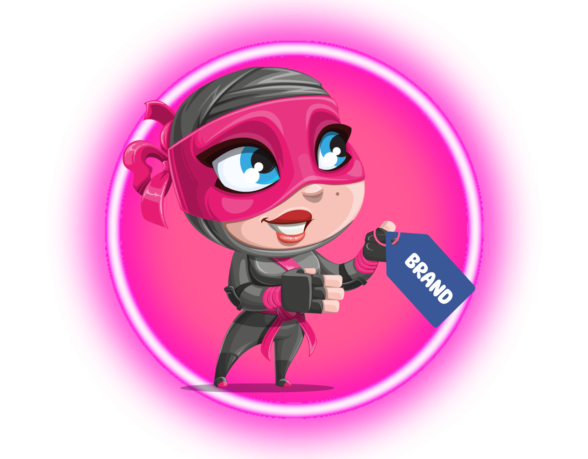 Cartoon character in pink superhero costume holding a tagged with 'BRAND' in a pink circle.