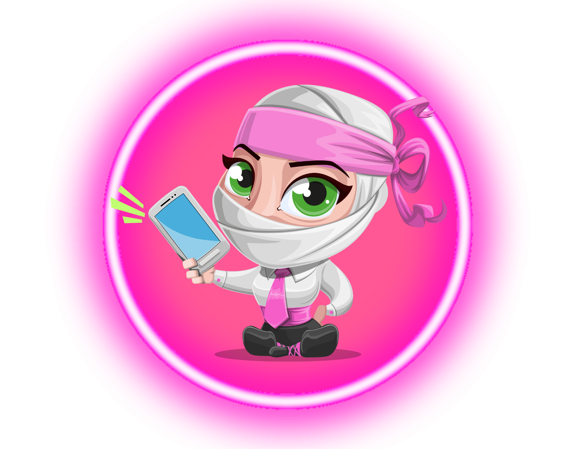 Cartoon ninja character with green eyes and a pink headband, holding a smartphone, set against a bright pink circular background.