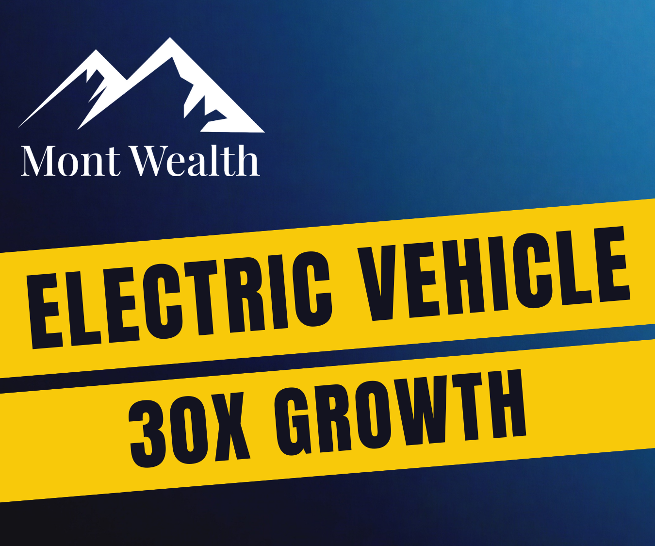 Mont Wealth logo with text "Electric Vehicle 30X Growth" on a blue background with yellow banners.