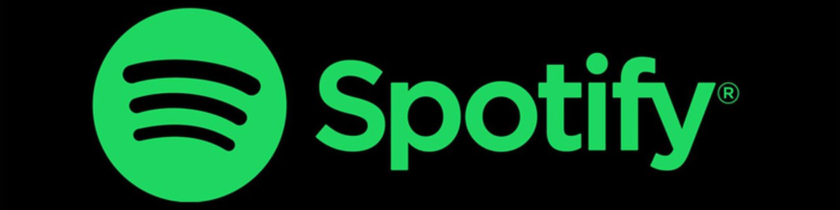 Spotify logo with green circle and sound waves, black background.