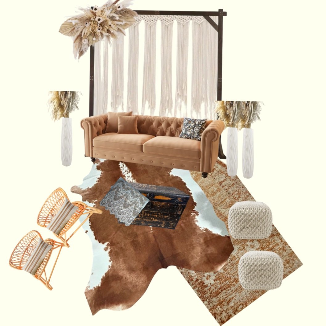 Bohemian-style living room with a tan sofa, macramé wall hanging, rustic trunk, brown cowhide rug, rattan chairs, knitted poufs, and pampas grass arrangements.