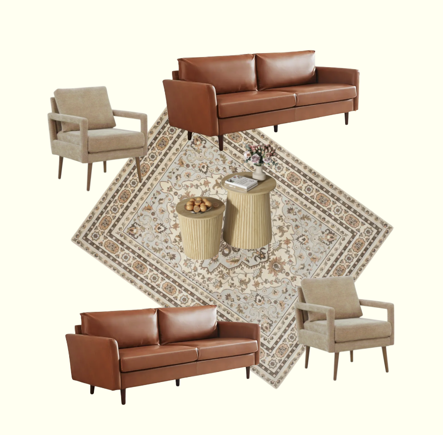 Living room furniture set with two leather sofas, two beige armchairs, a decorative rug, and a side table with a book and flowers.