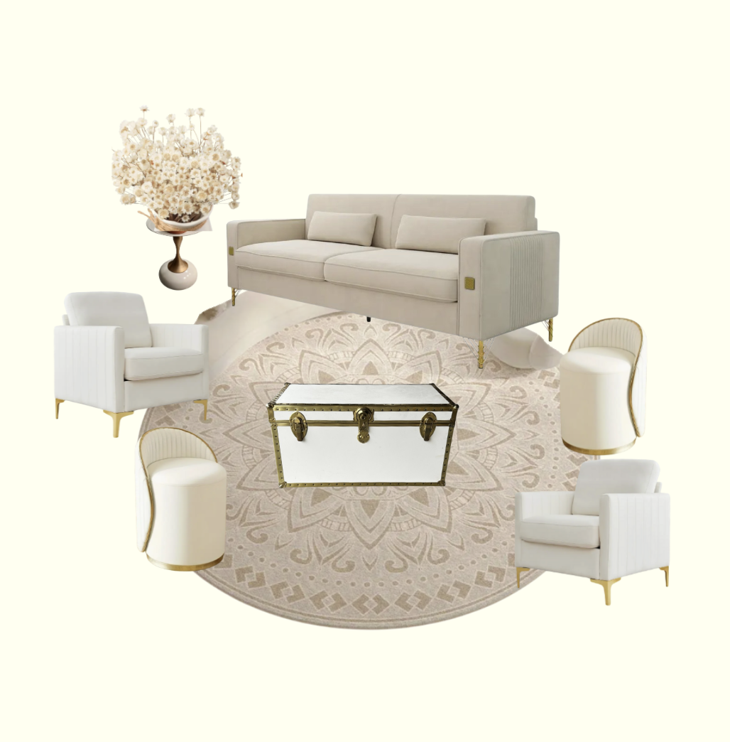 Beige living room furniture set with a sofa, armchairs, round floral rug, white chest table, and floral decoration.