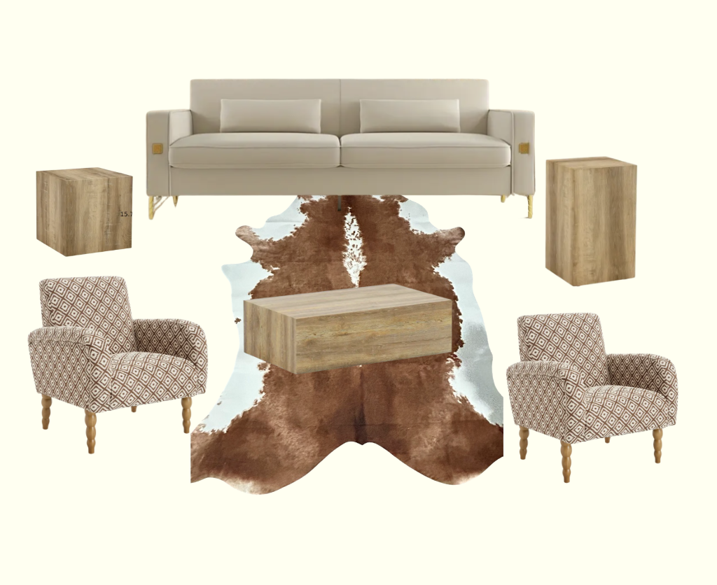 Living room furniture set with a sofa, two patterned armchairs, a cowhide rug, a wooden coffee table, and two wooden side tables.