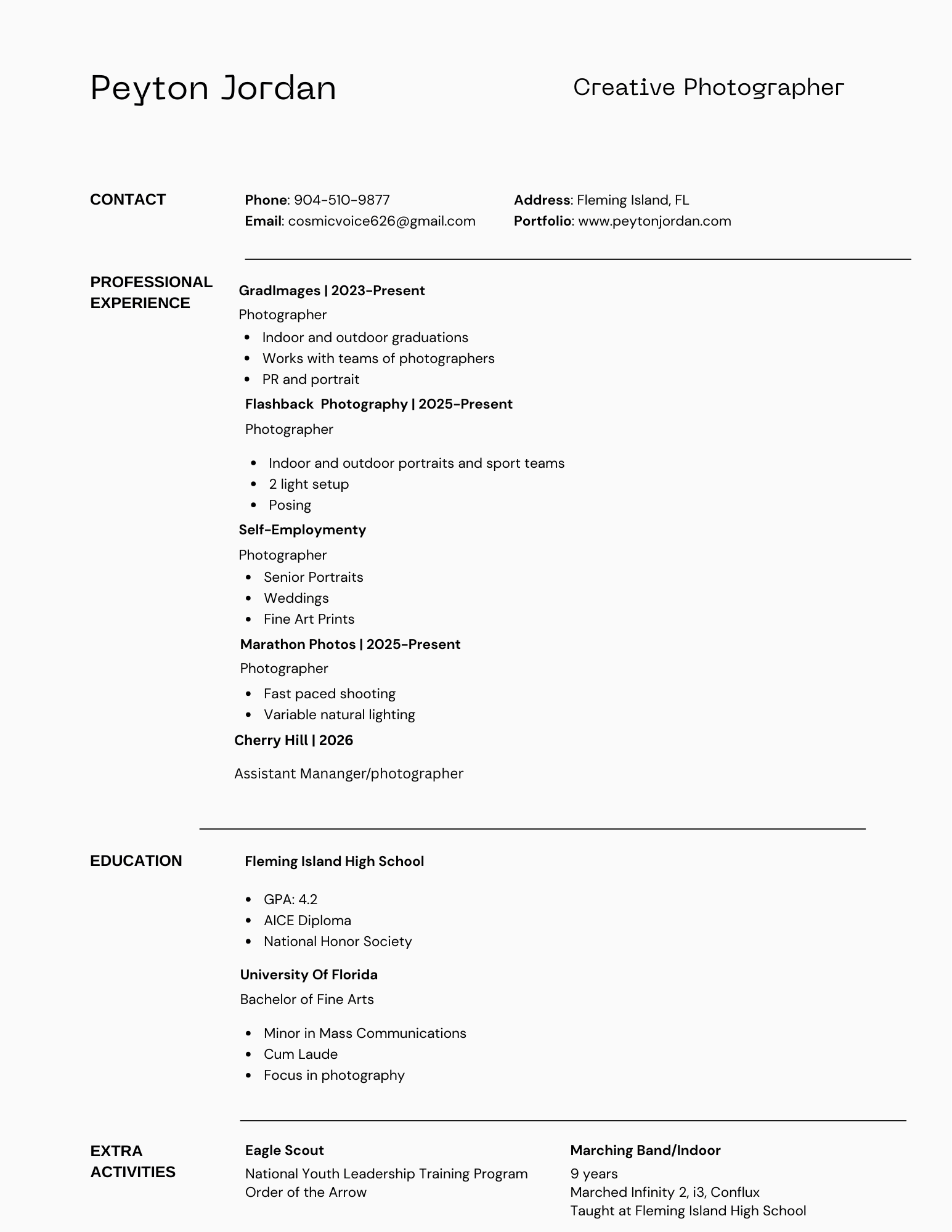 A professional resume for Peyton Jordan, a creative photographer, listing contact info, work experience, education, and activities.