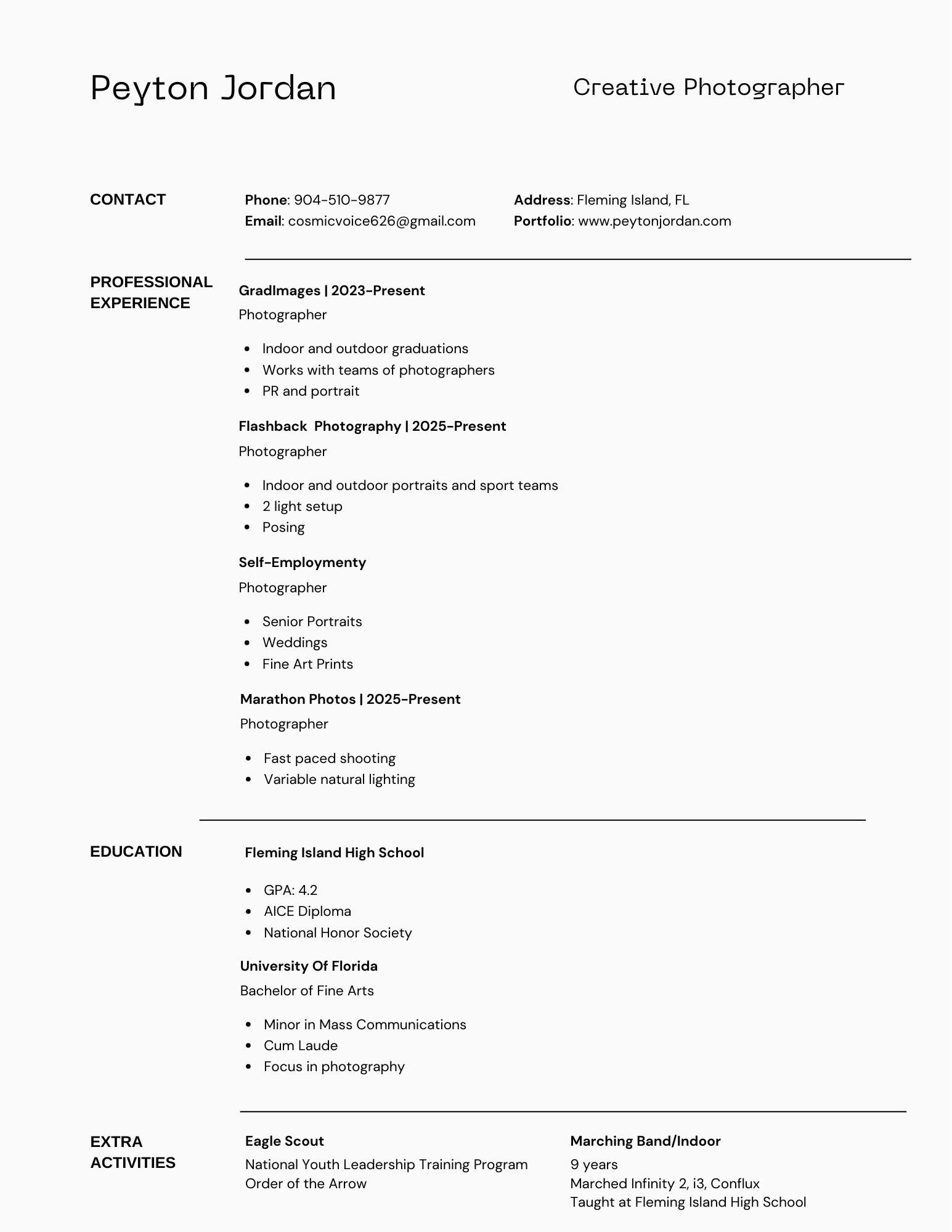 A resume for Peyton Jordan, a creative photographer from Fleming Island, FL, listing contact info, professional experience, education, and activities.