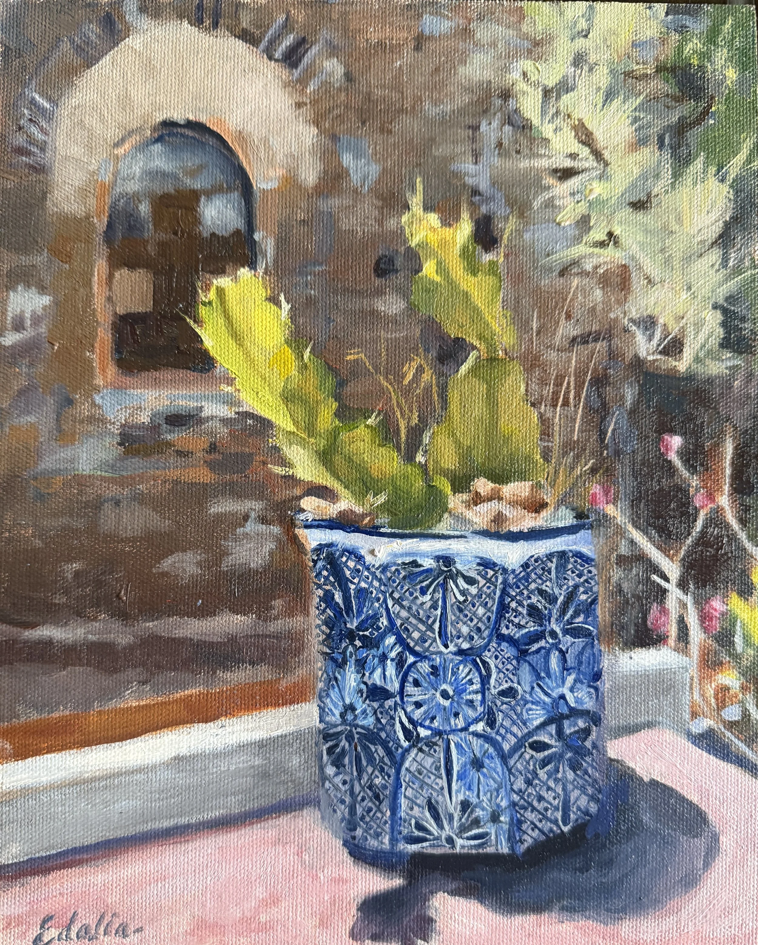 Blue Talavera & Cactus on Rooftop, 8 x 10 Oil on Canvas Board, 2026