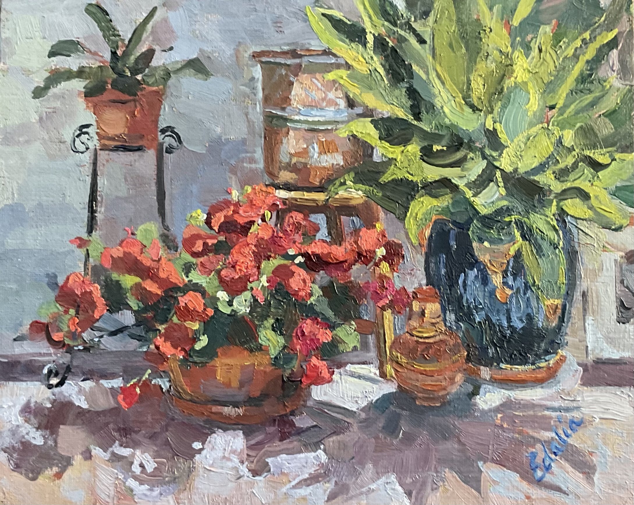 Geraniums & Agaves, 8 x 10 Oil on Canvas (Sold)