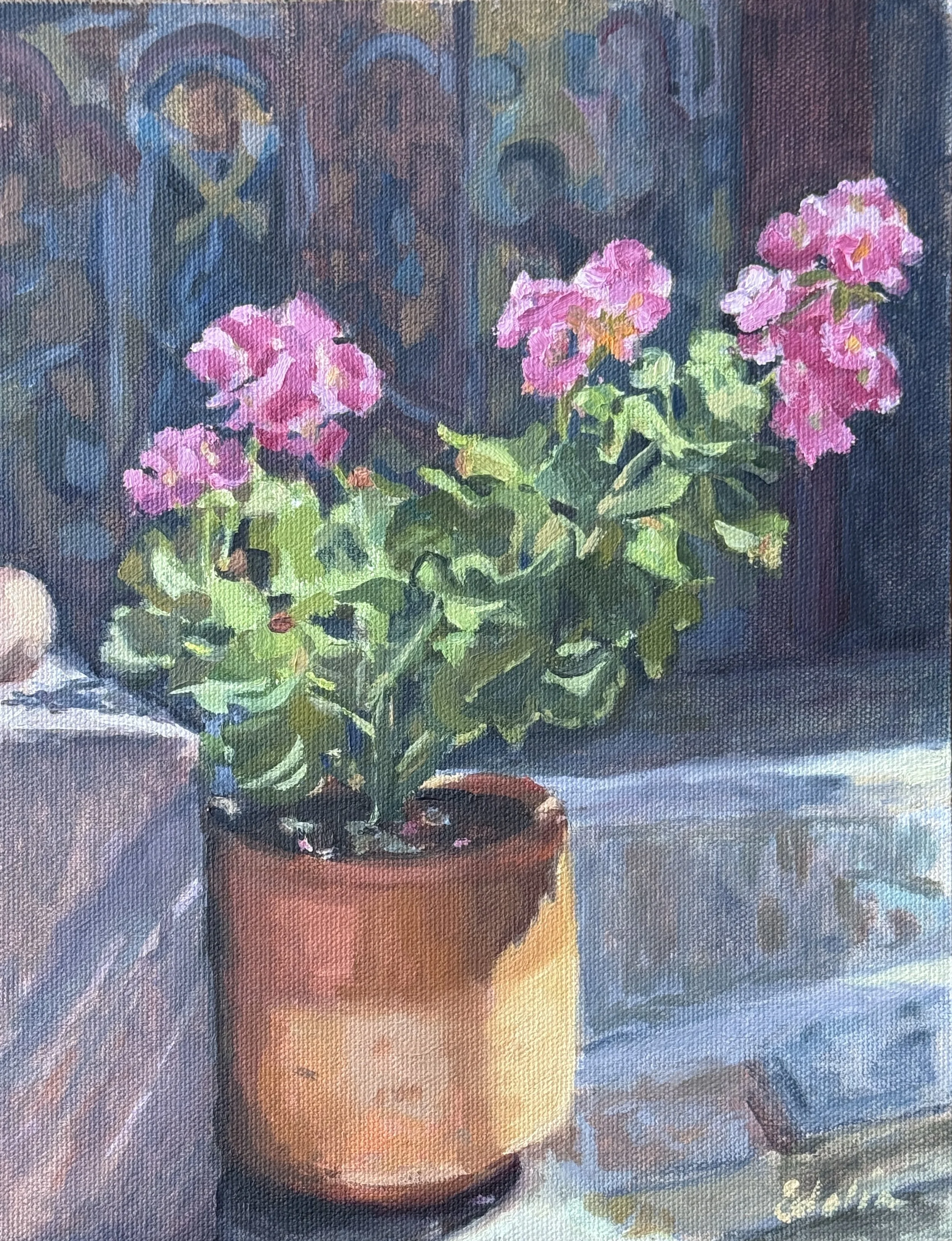 Pink Geranium Instituto Allende, 8 x10 Oil on Canvas Board, 2026