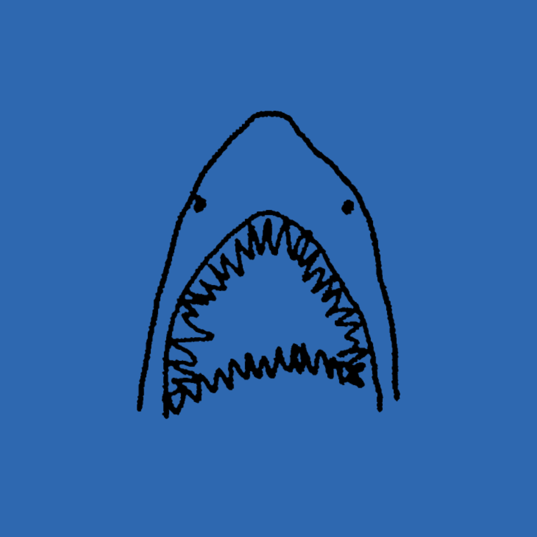 Simple line drawing of a shark with its mouth open revealing sharp teeth, set against a blue background.