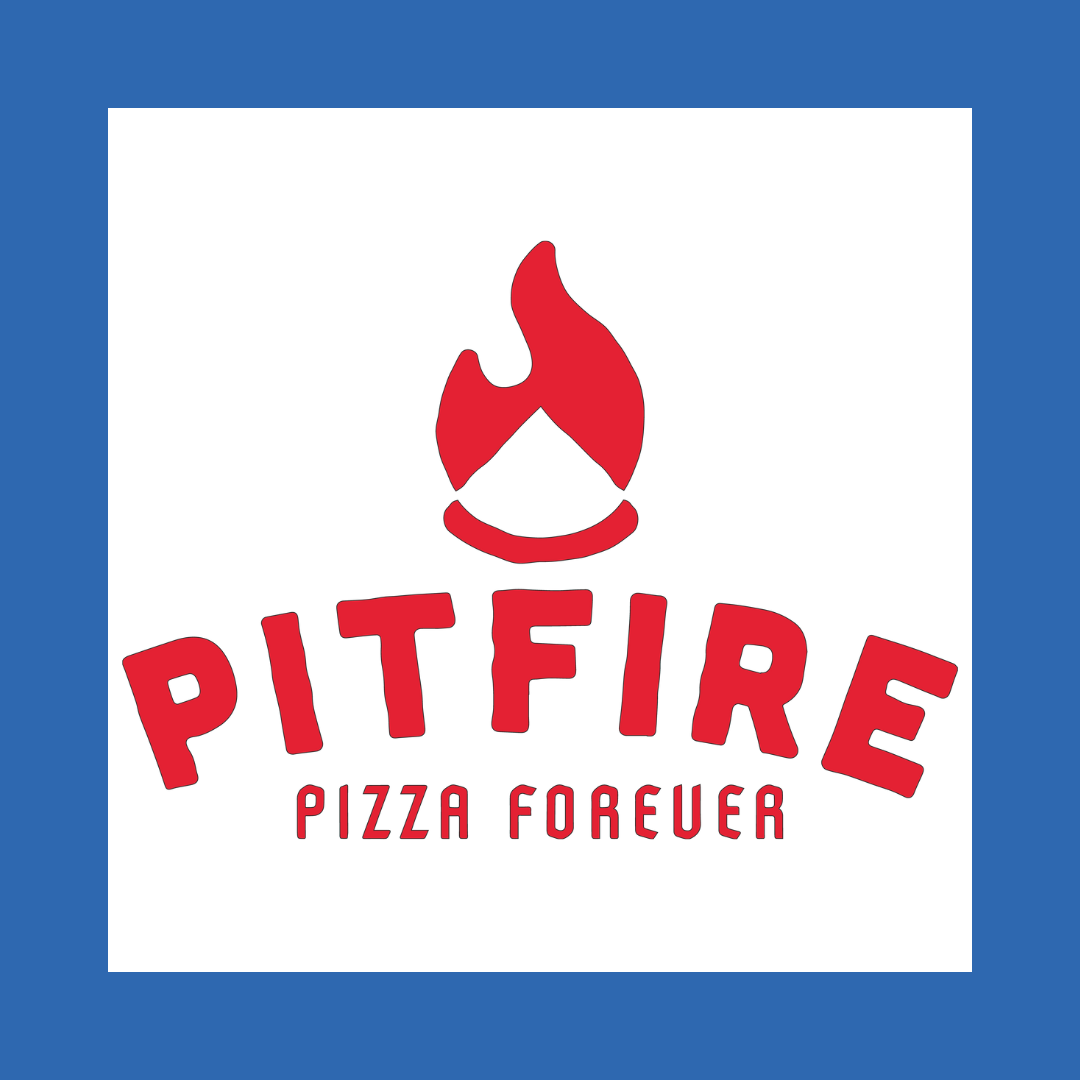Logo of Pitfire Pizza featuring a stylized red flame above the word 'PITFIRE' and the slogan 'PIZZA FOREVER' underneath, set against a blue background.