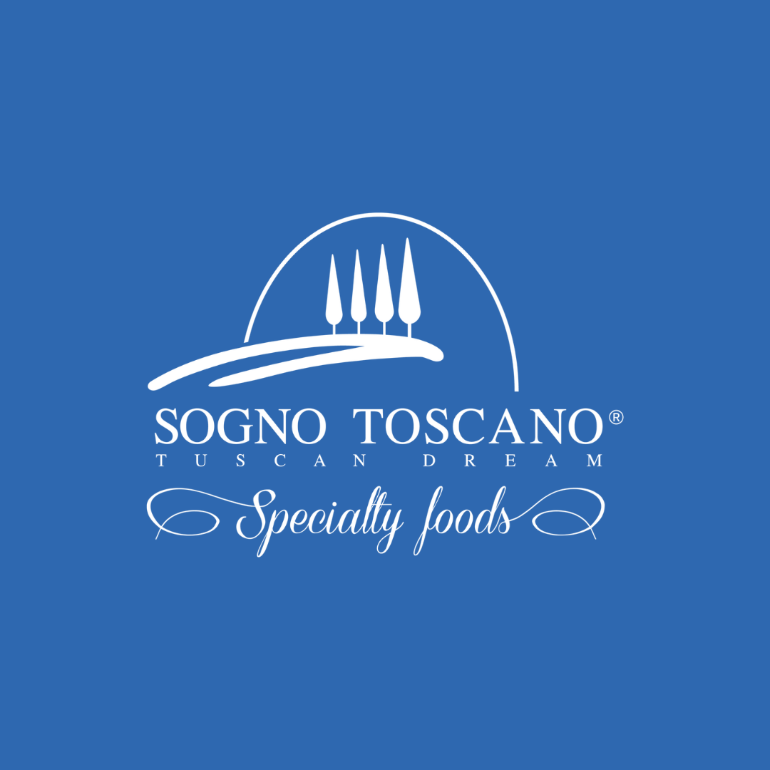 Logo for Sogno Toscano featuring a stylized illustration of a hill with four trees and an arched line, with the text "Sogno Toscano, Tuscany Dream, Specialty Foods" on a blue background.